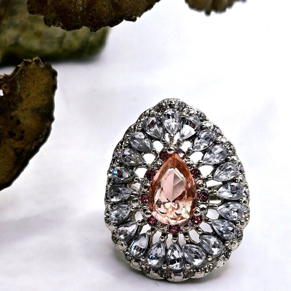 "5/$40" Large Silvertone Peach Pear Shaped Crystal Cocktail Ring Sz 7